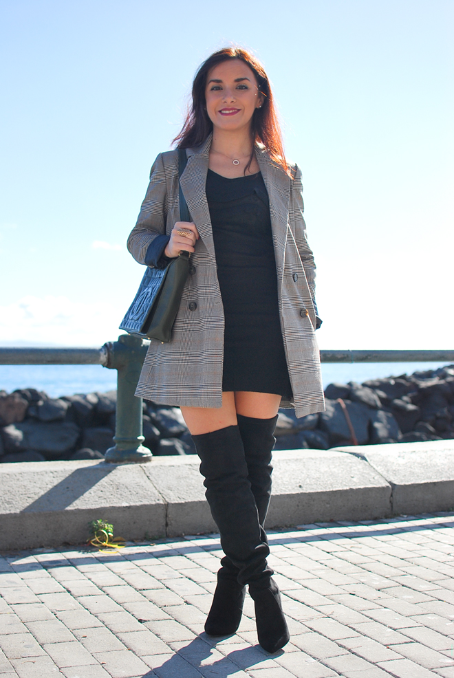 blazer dress with over knee boots